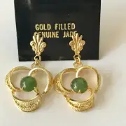 Vintage Gold Filled Green Jade Earrings Art Deco Genuine Natural Stone Filigree