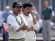 Pakistan captain Javed Miandad with Salim Malik prior to the - Old Cricket Photo