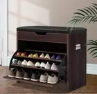 2-in-1 Bench Shoes Storage Shoe Cabinet Organiser Top PU Seat Drawer Rack Walnut