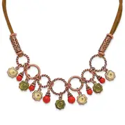 Fashion 1928 Jewelry Copper-Tone Textured Links Green And Light Enamel Flower Orange Acrylic Bead Dangles Adjustable 16 Inch Faux Seude Cord Necklace With 3 Extension