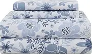 Mooreeke Floral King Sheets, Soft Breathable Microfiber Vintage Printed Bed Sheet Set, Deep Pocket Non-Slip Fitted Sheet Included, Blue Flower Pattern