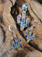 Saguaro Cactus 925 Multi Stone and Opal 3 PC Set Pendant Earrings Made in USA