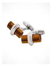 [Cudworth] Polished Rhodium Plated Centre Tiger Eye T-Bar Cufflinks in Brown