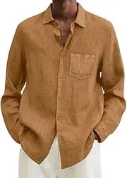 [Generic] Button Down Shirt Dress Male Summer Cotton Linen Solid Casual Plus Size Loose Shirt Mens Turn Down Collar Long Sleeve Shirt Cotton Long Sleeve Tee Shirts