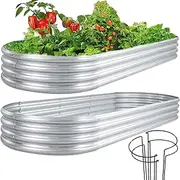 FORTUNO 2 Pcs 7 x 3 x 1 FT Galvanized Raised Garden Bed Box 82.7x35.5x12 Inch Large Oval Metal Outdoor Flower Bed Steel Patio Ground Planter for Planting Vegetables and Herbs, Silver