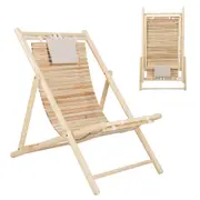 Costway Wood Lounge Chair Folding Patio Chair Adjustable Sun Recliner w/Cushion Beach Balcony Pool Natural