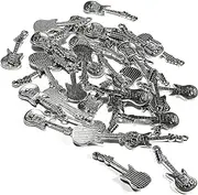 30 Electric Stringed Guitar Music Instrument Charms Plated Over a Pewter Base Metal (Antique Silver)