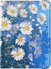 [Amooorous] White Daisies Flowers Lemon Yellow Blue Leather decorative travel wallet womens passport holder Travel Documents Organizer Protector Passport Case Ultra Slim, White daisies flowers lemon yellow blue,