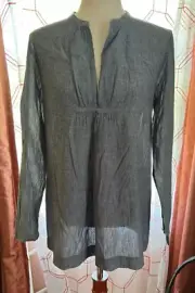 Eileen Fisher Breezy Chambray long-slv Mandarin Collar top blue XS MSRP $198 NWT