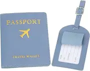 [uxcell] Passport Holder with Luggage Tag, Set of Leather Travel Passport Cover Wallet with Suitcase Tag Travel Accessories for Men Women Airplane, Mist Blue