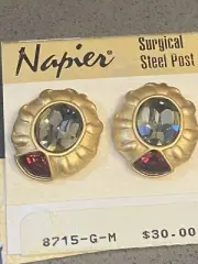 Vintage NAPIER Ruby Smokey Topaz Faceted Crystals Earrings Brushed Gold Art Deco