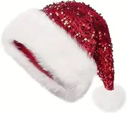 Sequin Santa Hat, Classic Plush Sequin Santa Claus Hat Christmas Cap for Adults Xmas Holiday New Year Party