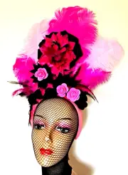 Mardi Gras Samba Feather Headdress Pink Black Vegas Showgirl Rio Carnival Hat