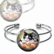 Tuxedo Cat Silver Cuff Bracelet Watercolor Flowers Art Print Cat Lover Gift