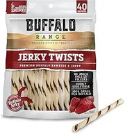 Buffalo Range Rawhide Dog Treats | Healthy, Grass-Fed Buffalo Jerky Raw Hide Chews | Hickory Smoked Flavor | Jerky Twist, 40 Count