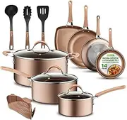 [Nutrichef] 14-Piece Nonstick Cookware PTFE/PFOA/PFOS-Free Heat Resistant Lacquer Kitchen Ware Set w/Saucepan, Frying Pans, Cooking, Dutch Oven Pot, Lids, Utensil NCCW14S, AGold