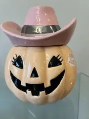 Cobwebs & Cauldrons Halloween Pumpkin Pink Cowgirl Hat Cookie Jar Canister NEW