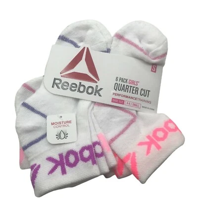 6 Pack Reebok Girl's Size Small Shoe 4-8 Quarter Cut Socks White New In Package