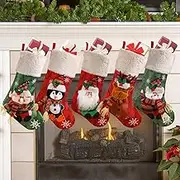 Christmas Stockings Set of 5, Large 18’’ Xmas Stockings Fireplace Hanging Stockings with Plush Cuff, Santa Snowman Reindeer Elf for Holiday Decor,Christmas Tree Decoration (5pcs)