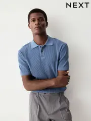 Mid Blue Regular Fit 100% Cotton Short Sleeve Knit Textured Rib Polo Shirt (E99833) | $55