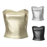 Women Metallic Bodycon Crop Tube Top Strapless Backless Bustiers Bandeau