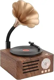 Vintage Record Player, Portable Wood Grain Turntable with Copper Horn, FM Radio Function, Compact Speaker, for Entertainment Home Decoration