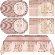 41Pcs 100th Birthday Decorations, Rose Gold Birthday Party Supplies Include 20Pcs Plates 20Pcs Napkins and 1Piece Tablecloth, Sweet One Hundred Year Old Birthday Party Tableware for Girl Ladies Women
