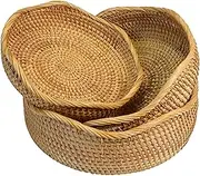 Rattan Basket, 3PCS/Set 9/10/11" Round Woven Fruit Basket, Stackable Wavy Edge Bread Serving Tray for Kitchen Tabletop Decor Wicker