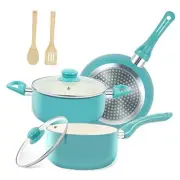 Pots and Pans Set, 7 Piece 8" Skillet + 1.5QT Saucepan + 3QT Stockpot Turquoise
