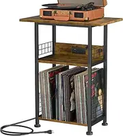 PLOOHT Record Player Stand - 3-Tier Rustic Brown Vinyl Storage Table with Charging Station, Stylish Turntable Organizer for Living Room & Bedroom, Elegant Gift for Music Lovers & Vinyl Enthusiasts