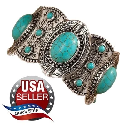 Faux Turquoise Native American Southwestern Style Silvertone Stretch Bracelet