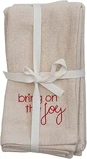 [Creative Co-Op] 18'' Square Cotton Serviettes Napkins wEmbroidery Holiday Saying, Natural Red, Set of 4