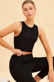Black Seamless Tank Top High Neck Rib Crop - Size S, Women's Tank