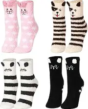 [Geyoga] 4 Pairs Women Fuzzy Socks Non-Slip Microfiber Winter Warm Socks Fluffy Soft Cute Animal for Women Girls, Multicoloured, One Size