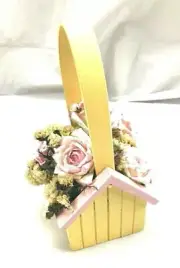 Birdhouse floral arrangement shelf sitter table top faux flowers yellow pink