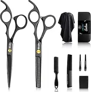 Sirabe 10 PCS Hair Cutting Scissors Set, Professional Haircut Scissors Kit with Cutting Scissors,Thinning Scissors, Comb,Cape, Clips, Black Hairdressing Shears Set for Barber, Salon, Home