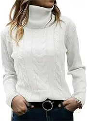 [NAVYN] High Neck Knit Sweater for Women Fall Winter Long Sleeve Soft Warm Knitted Pullover Womens Christmas Sweaters Tops(White,L/Large)
