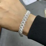 10 MM round Cut Moissanite Men Cuban Link Chain Bracelet 14K White Gold Plated