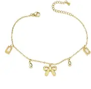 [Kokoma] Minimalist Bow Dangle Anklet for Women Tiny Cubic Zirconia Square Teardrop Tassel Charm Dangling Link Chains Ankle Trendy Adjustable Foot Jewelry, Adjustable, Titanium Steel Cubic Zirconia, no