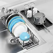 LIONONLY Small Dish Drying Rack in Sink, Extendable Dish Drainer Over Sink with Silicone Drying Tray, Compact Dish Rack for Kitchen Counter with Utensil Holder, Drying Rack Organize Small Space, Black