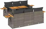 vidaxl 7 Piece Garden Sofa Set with Cushions - Grey Poly Rattan Acacia Outdoor Patio Furniture with Storage and Foldable Table