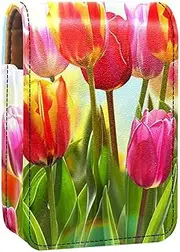 Lipstick Case,Leather Lip Gloss Lipstick Organizer with Mirror,Mini Lipstick Holder Bag,Tulips Flower Garden Colorful