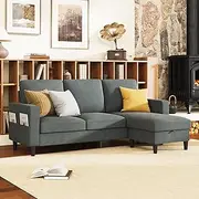Ufurniture 3 Seater Convertible Sectional Sofa,L-Shaped Lounge Couch with Storage Ottoman, Linen Sofa with Reversible Chaise for Small Apartments Living Room Office, Grey