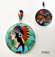 LOVELY SQUAW TURQUOISE MOUNTAIN CELESTIAL INLAY .925 SILVER MEDALLION PENDANT