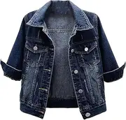 [WUANDIXFA] Jackets for Women Leopard Print Denim Vest with Pockets Washed Button Down Coat 3/4 Sleeve V Neck