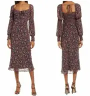 Floret Studios Milkmaid Dark Floral Peasant Midi Dress L Sheer Sleeve Overlay