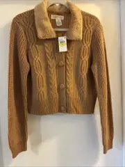 Planet Gold Cropped Cardigan Sweater Removable Faux Fur Collar MEDIUM NEW W/ TAG