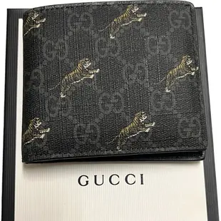 [二手] GUCCI 古馳 575133 黑GG老虎短夾 小皮件 錢包 對開短夾 素色 老虎圖案