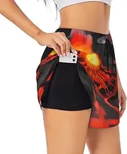 [GaxfjRu] Kilauea Volcanos Print Women's Running Shorts High Waisted Running Shorts Pocket Sporty Gym Elastic Short, Black, XXL