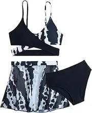 [COOLOYA] Girl's 3 Piece Bikini Set Cow Print Front Twist Swimwear Bathing Suit with Wrap Cover Up Skirts